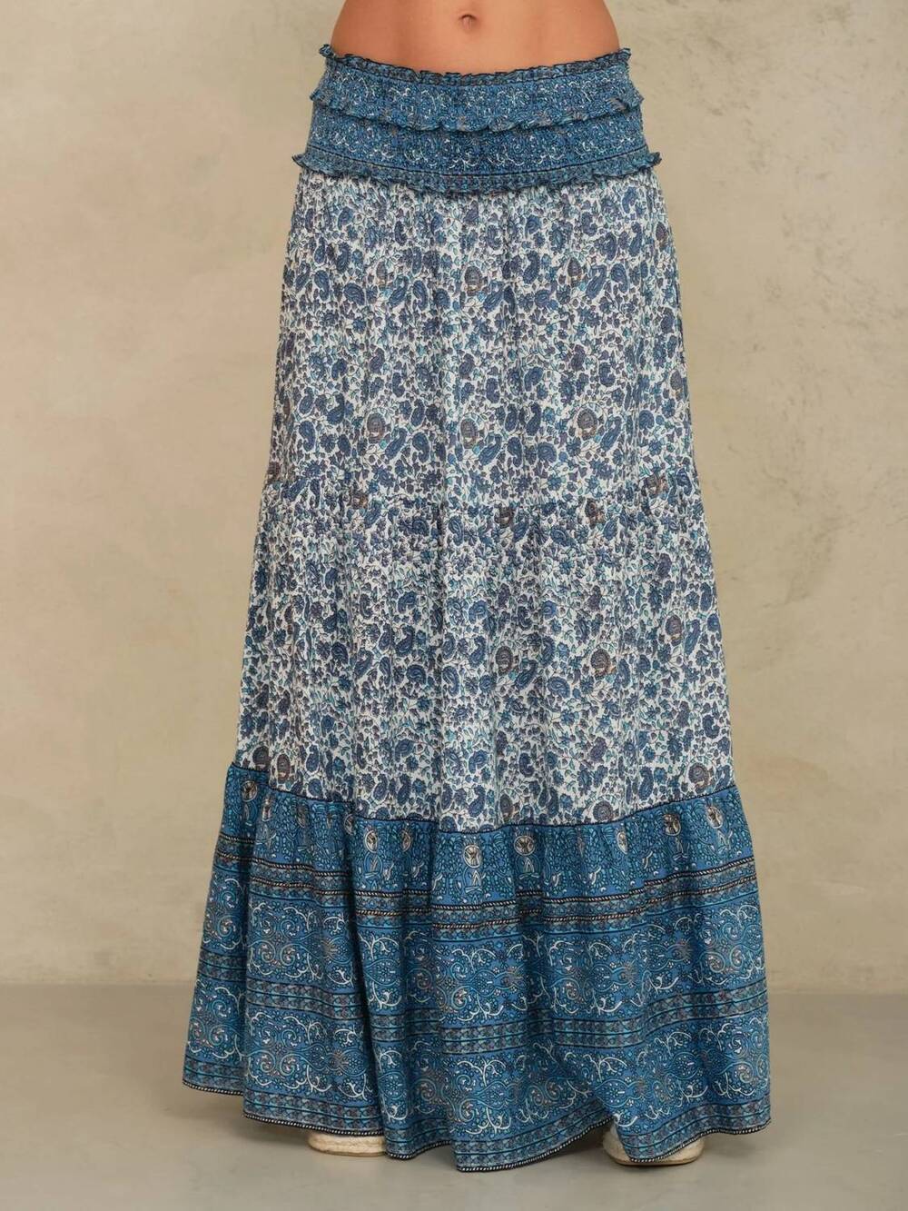 NEW M.A.B.E. esti maxi skirt in blockprint blue